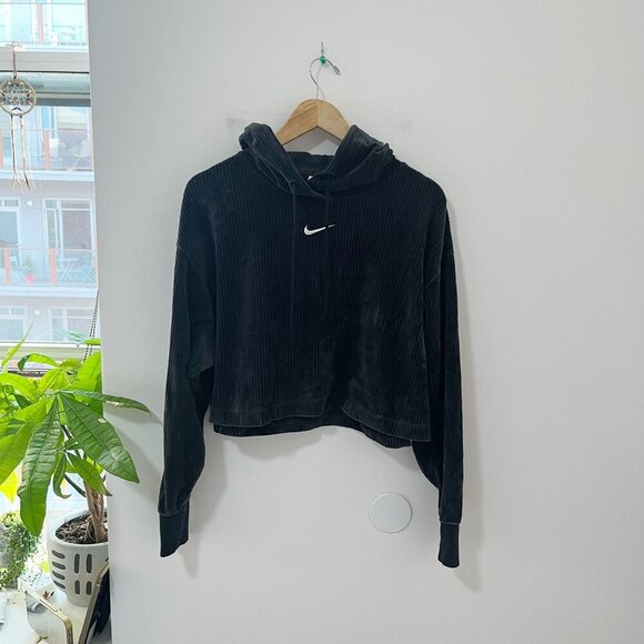 Nike Tops - Nike Black Ribbed Velour Cropped Hoodie Size Small